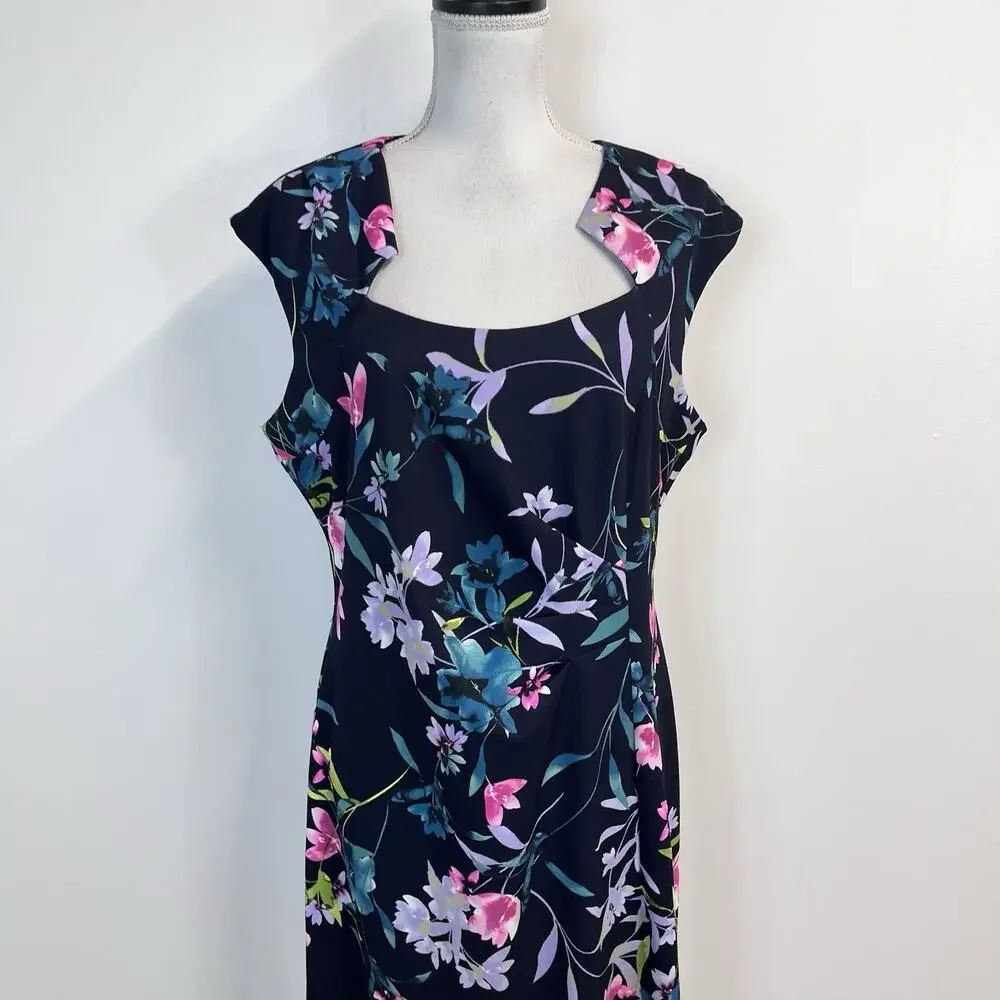 Connect Apparel Dress size 14 Navy Blue Pink Floral Stretch Knee Wedding Church - Picture 2 of 10